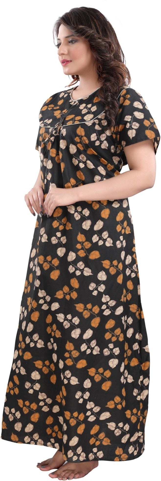 Fabme Women's Black Printed Cotton Full Length EveryDay Night Dress Nighty