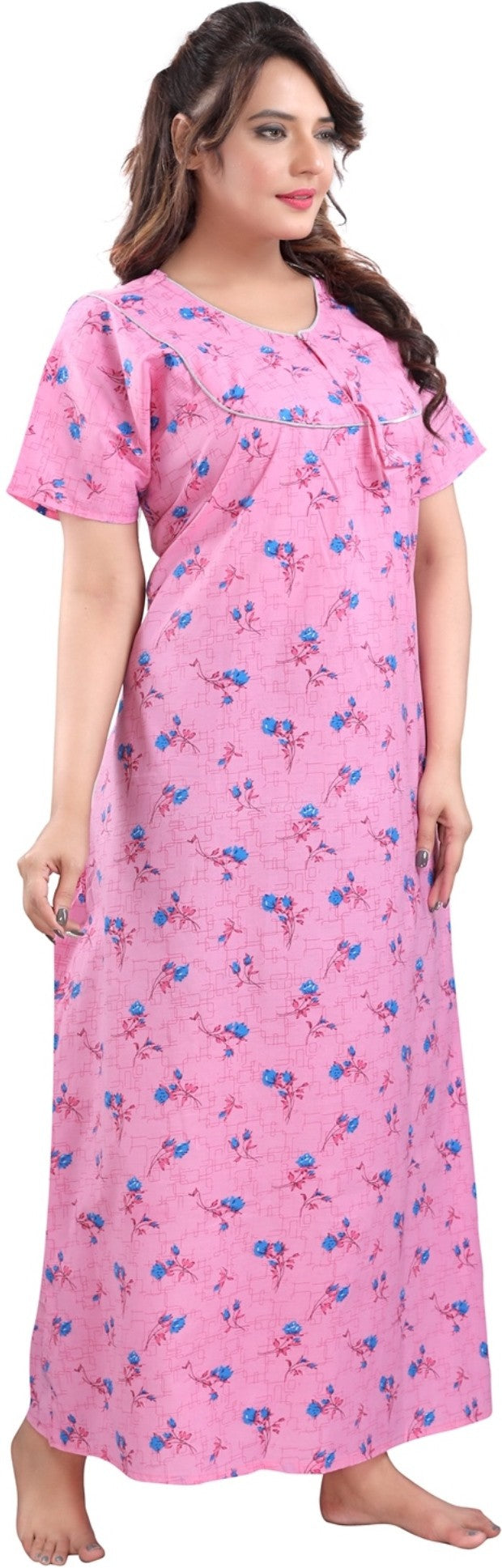 Fabme Women's Pink Printed Cotton Full Length EveryDay Night Dress Nighty