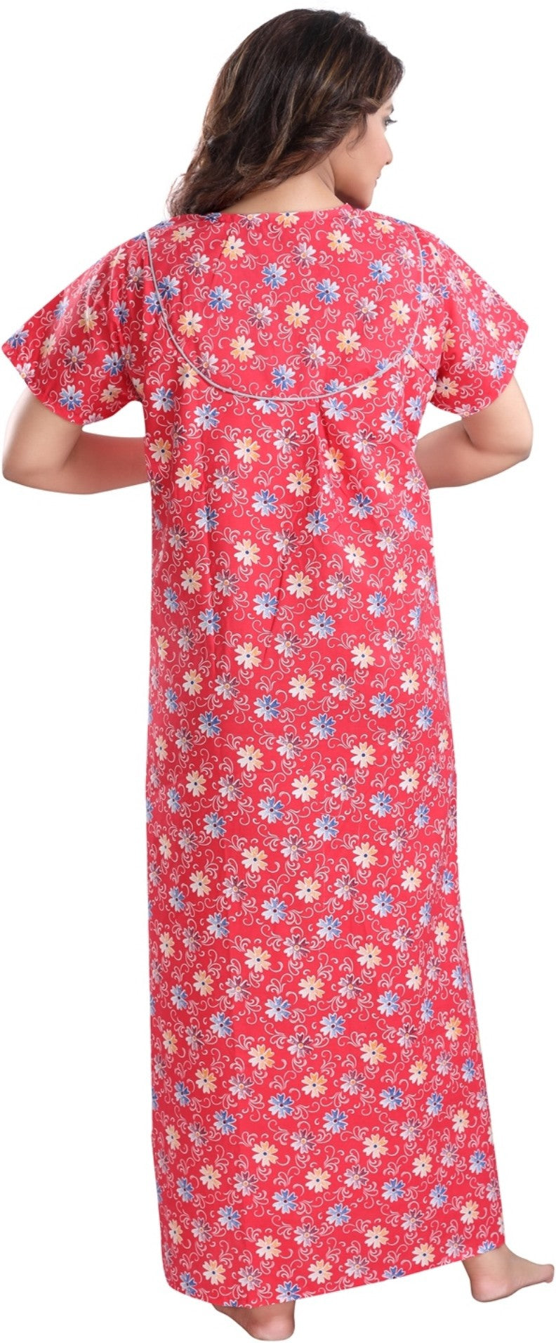 Fabme Women's Red Printed Cotton Full Length EveryDay Night Dress Nighty