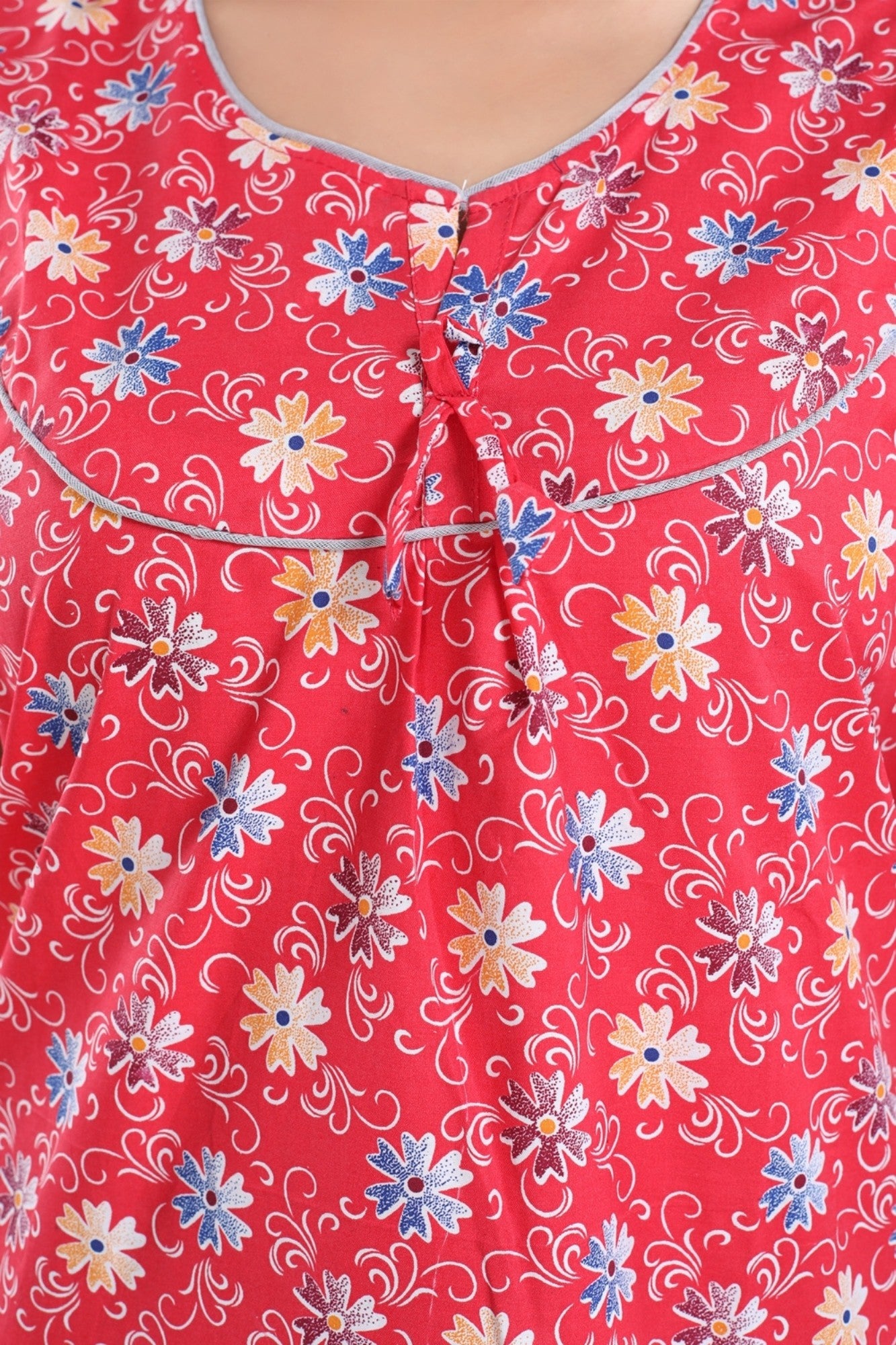 Fabme Women's Red Printed Cotton Full Length EveryDay Night Dress Nighty