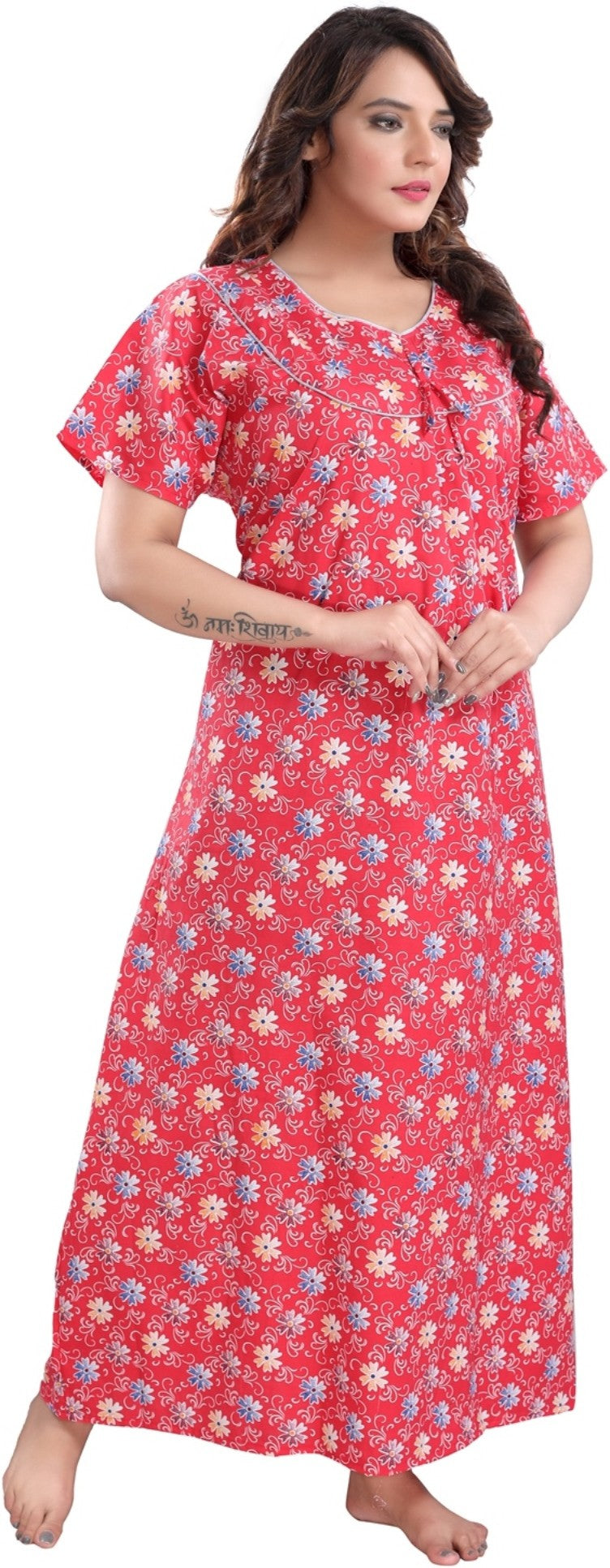Fabme Women's Red Printed Cotton Full Length EveryDay Night Dress Nighty