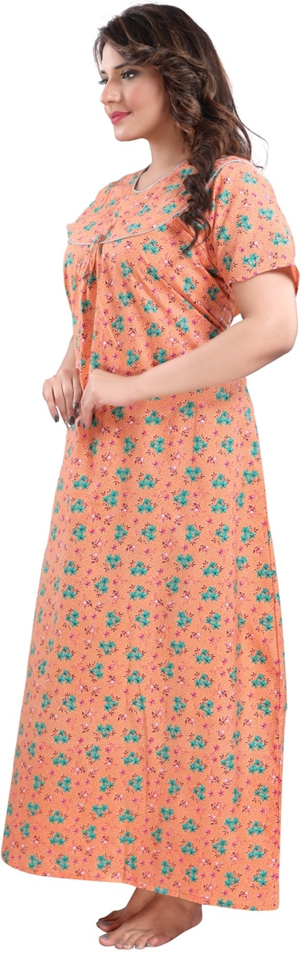 Fabme Women's Orange Printed Cotton Full Length EveryDay Night Dress Nighty