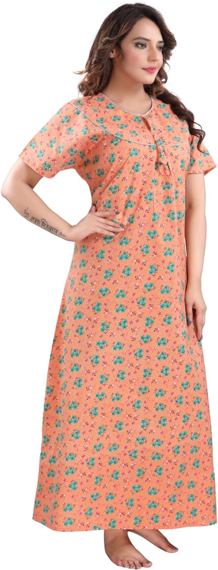 Fabme Women's Orange Printed Cotton Full Length EveryDay Night Dress Nighty