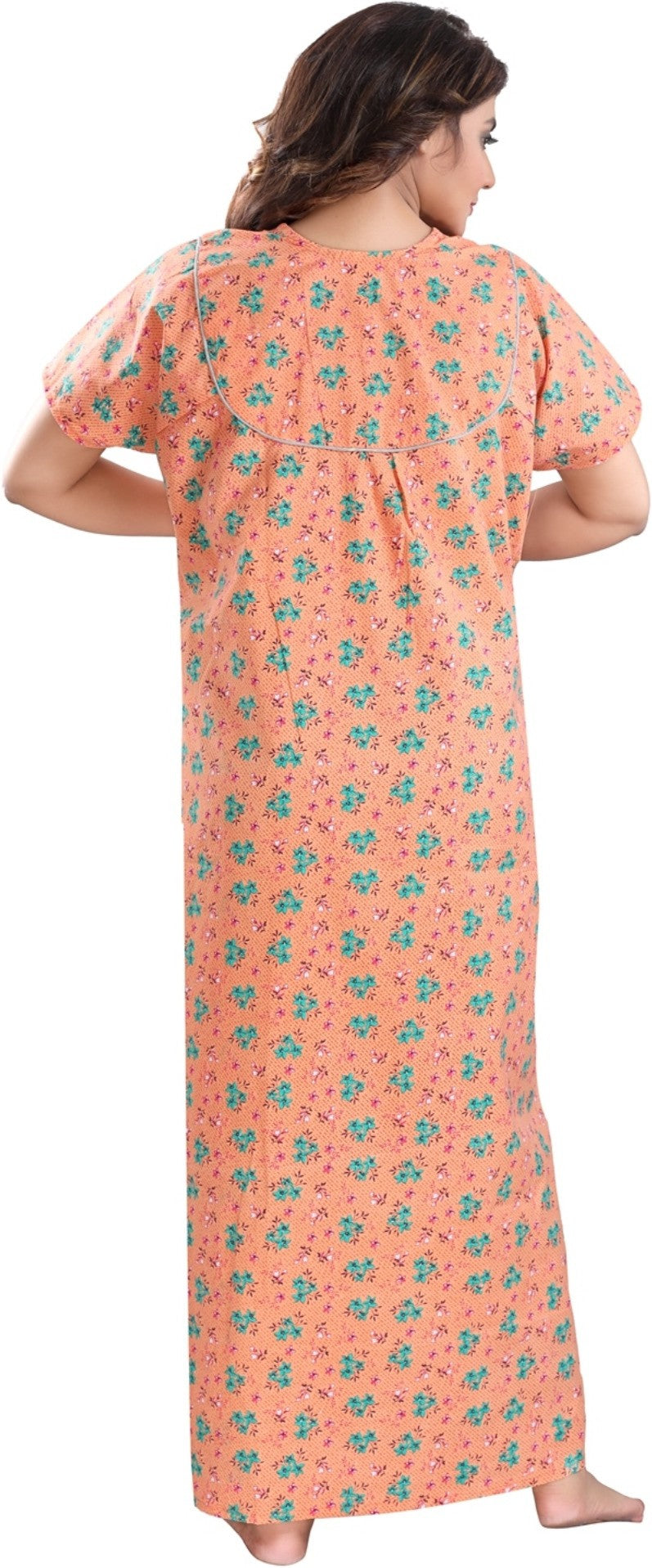 Fabme Women's Orange Printed Cotton Full Length EveryDay Night Dress Nighty