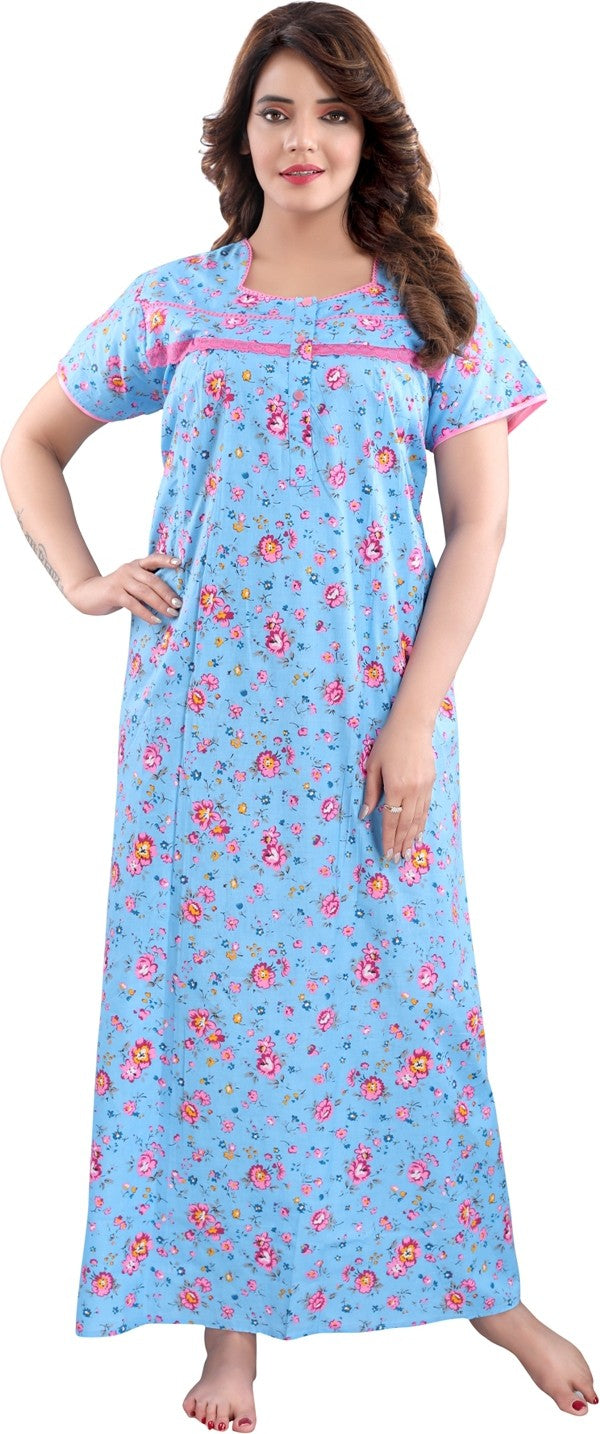 Fabme Women's Blue Horizontal Zip Cotton Full Length Maternity Night Dress Nighty