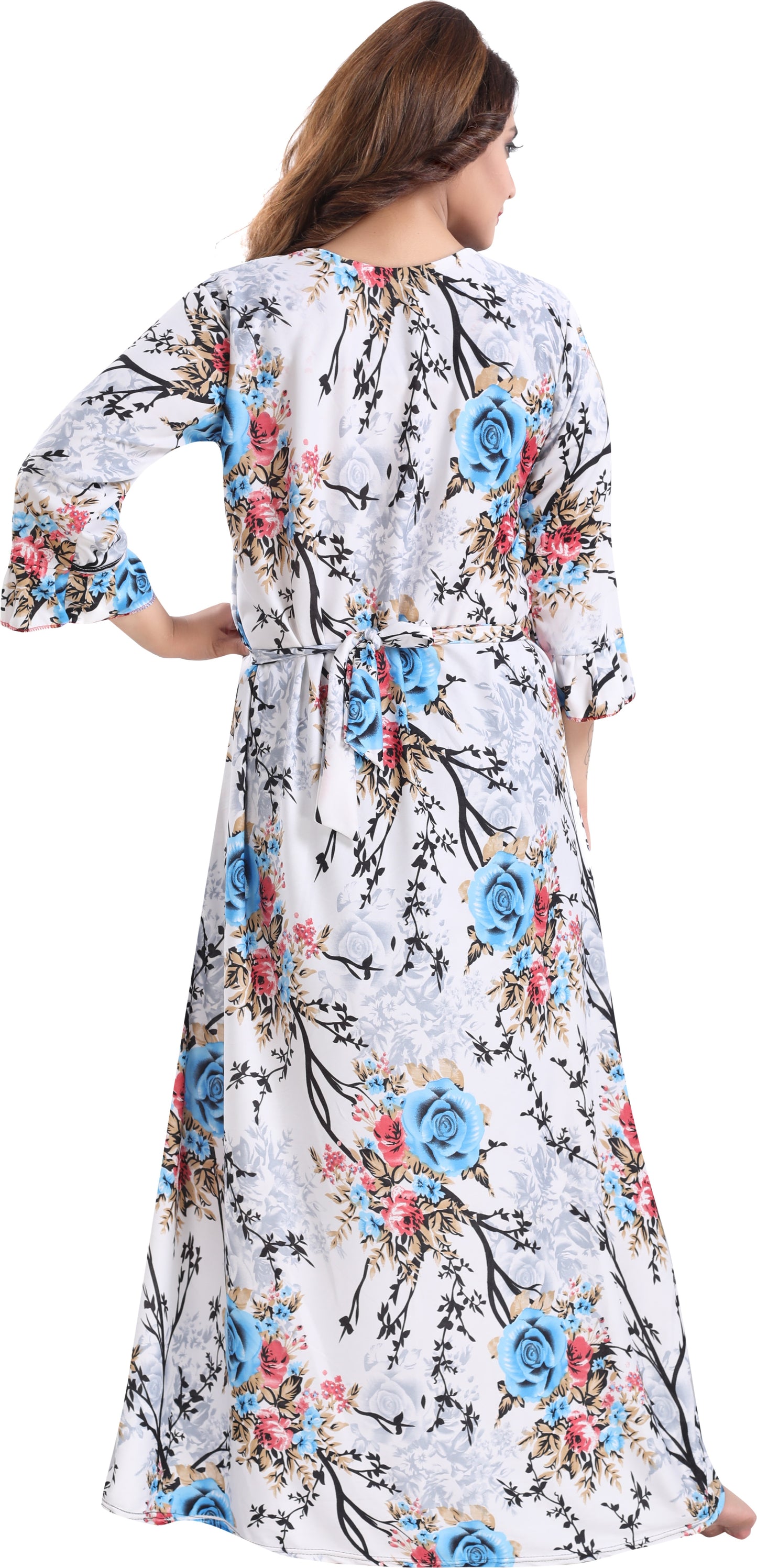 Fabme Women's Light Blue Printed Sarina Satin / Polyester Full Length EveryDay Night Dress Nighty
