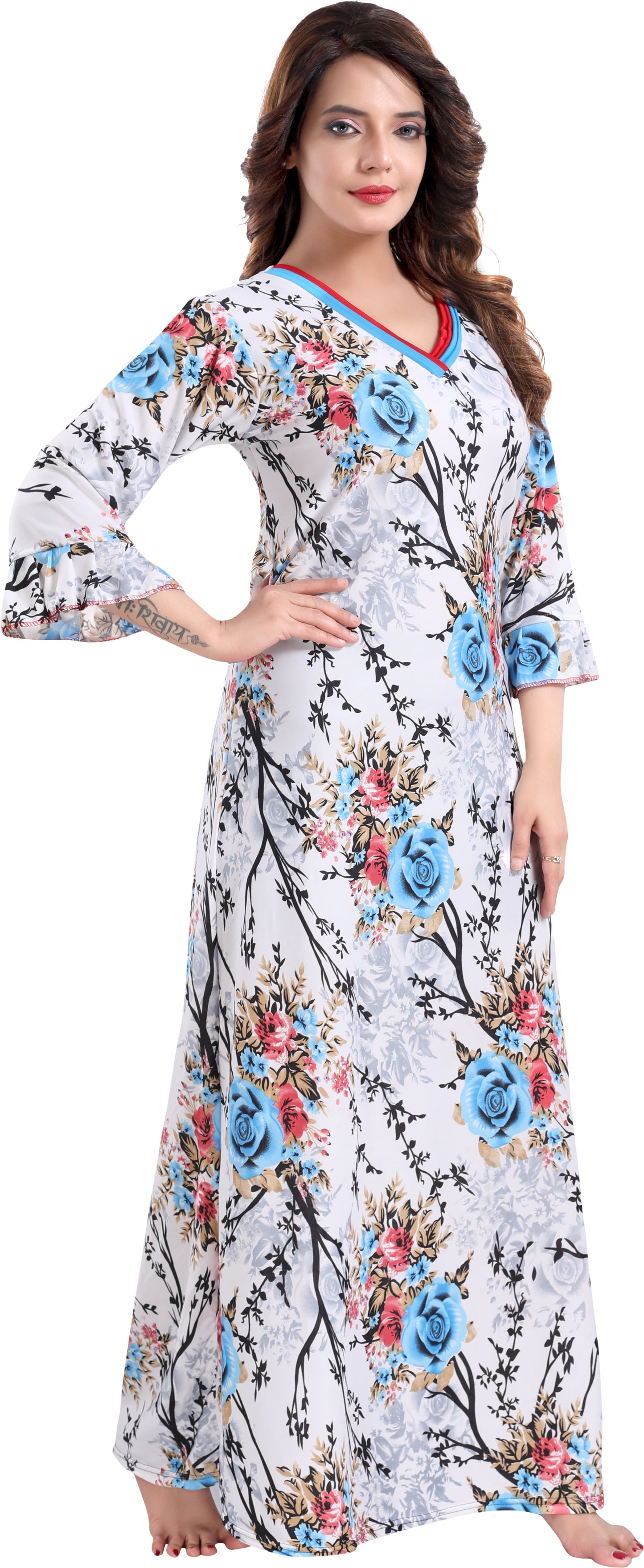 Fabme Women's Light Blue Printed Sarina Satin / Polyester Full Length EveryDay Night Dress Nighty