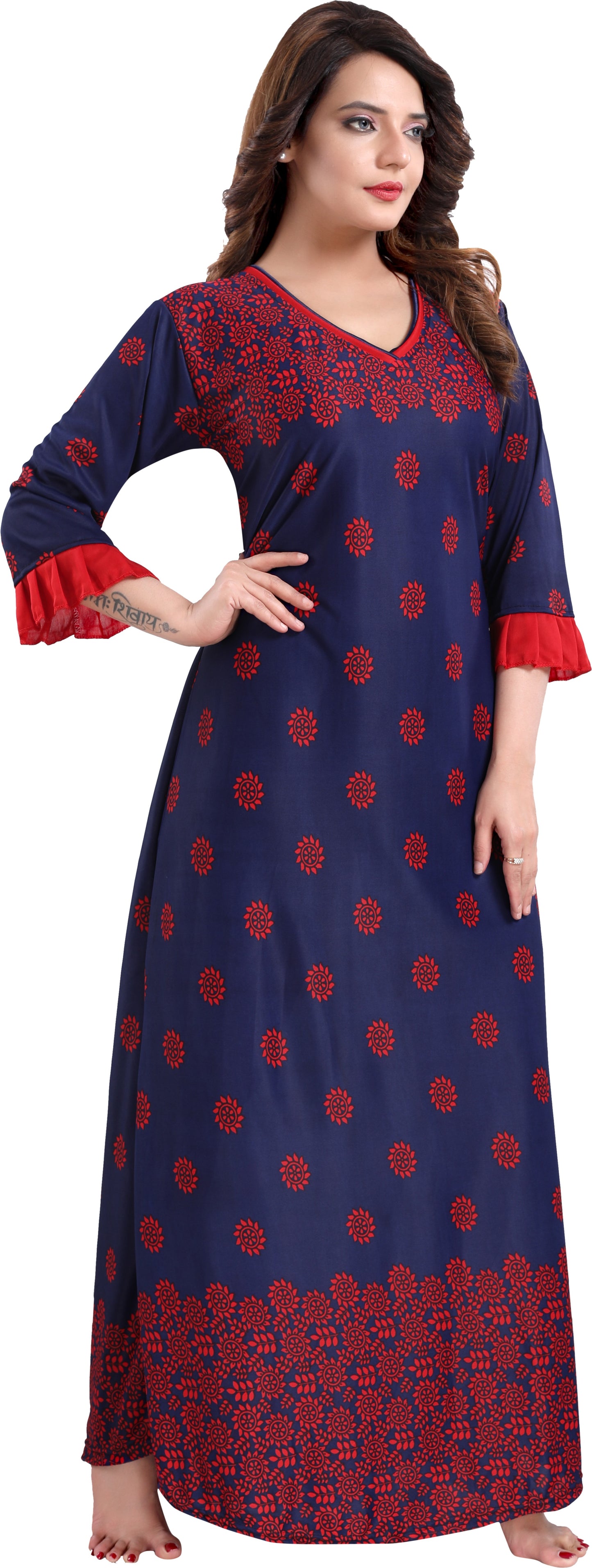 Fabme Women's Red Printed Sarina Satin / Polyester Full Length EveryDay Night Dress Nighty