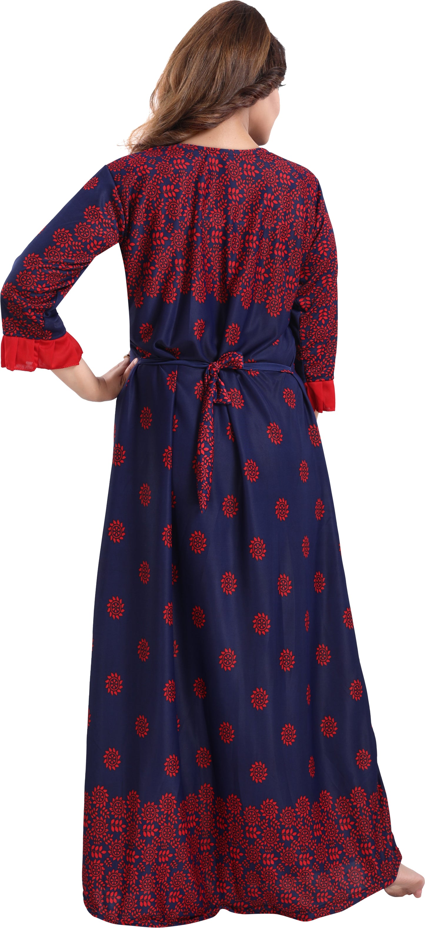 Fabme Women's Red Printed Sarina Satin / Polyester Full Length EveryDay Night Dress Nighty