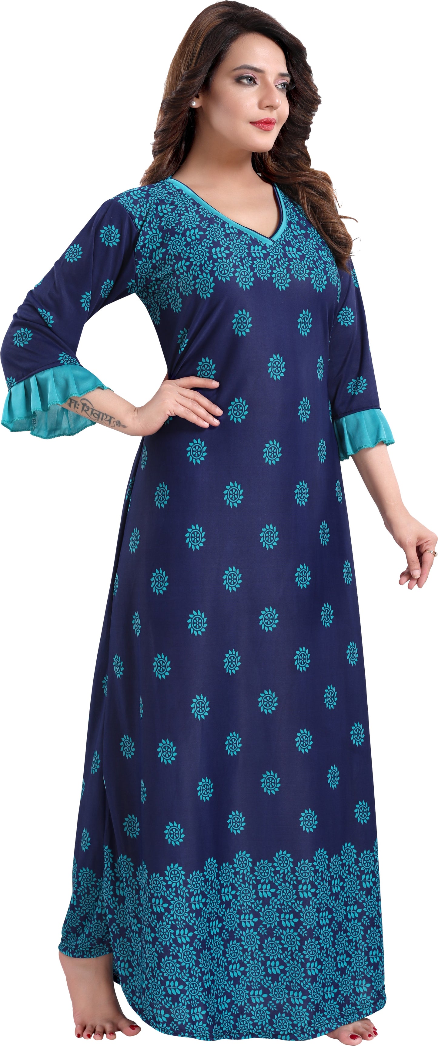 Fabme Women's Sea Green Printed Sarina Satin / Polyester Full Length EveryDay Night Dress Nighty