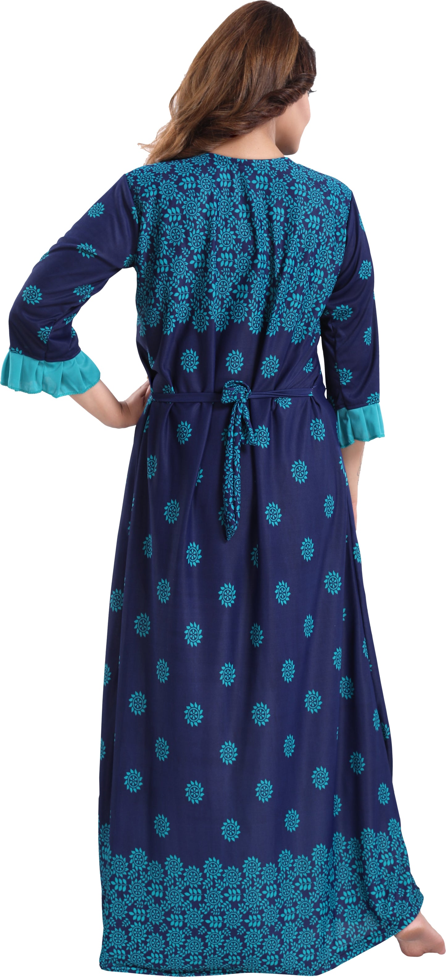 Fabme Women's Sea Green Printed Sarina Satin / Polyester Full Length EveryDay Night Dress Nighty