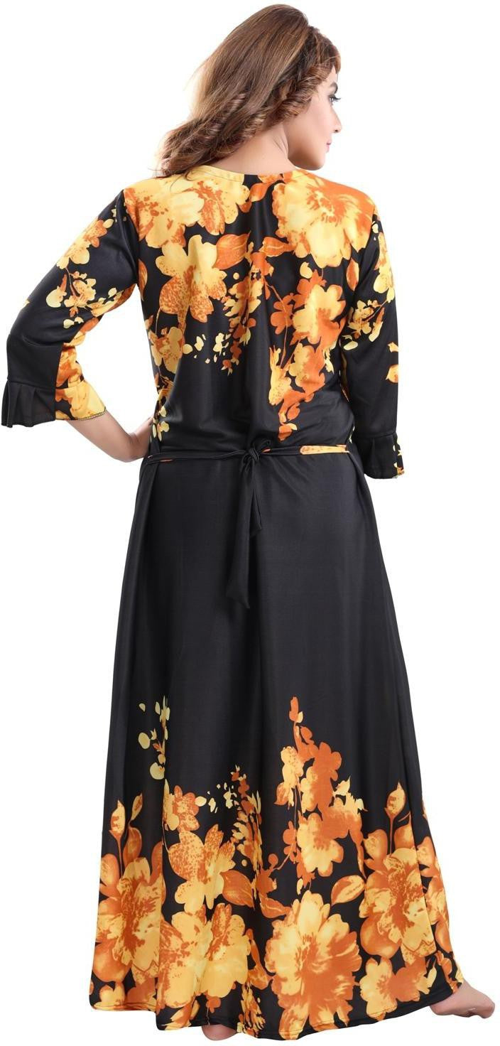 Fabme Women's Orange Printed Sarina Satin / Polyester Full Length EveryDay Night Dress Nighty