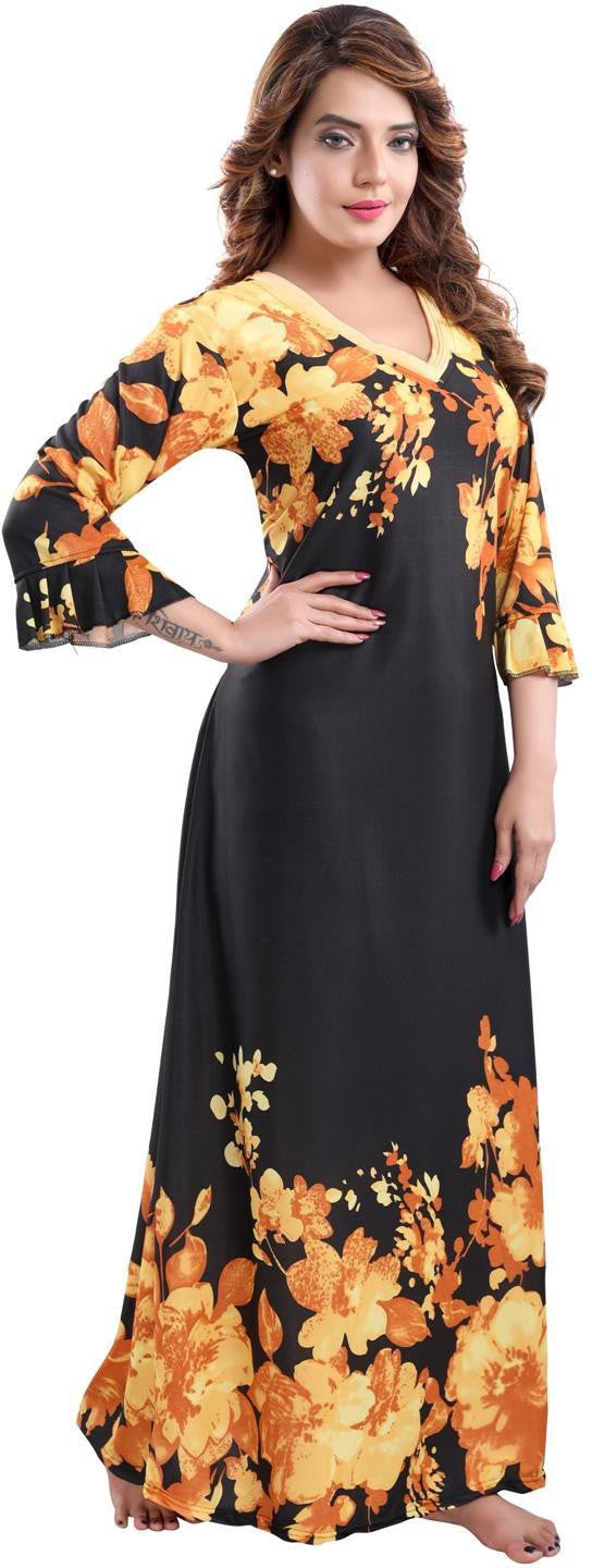 Fabme Women's Orange Printed Sarina Satin / Polyester Full Length EveryDay Night Dress Nighty