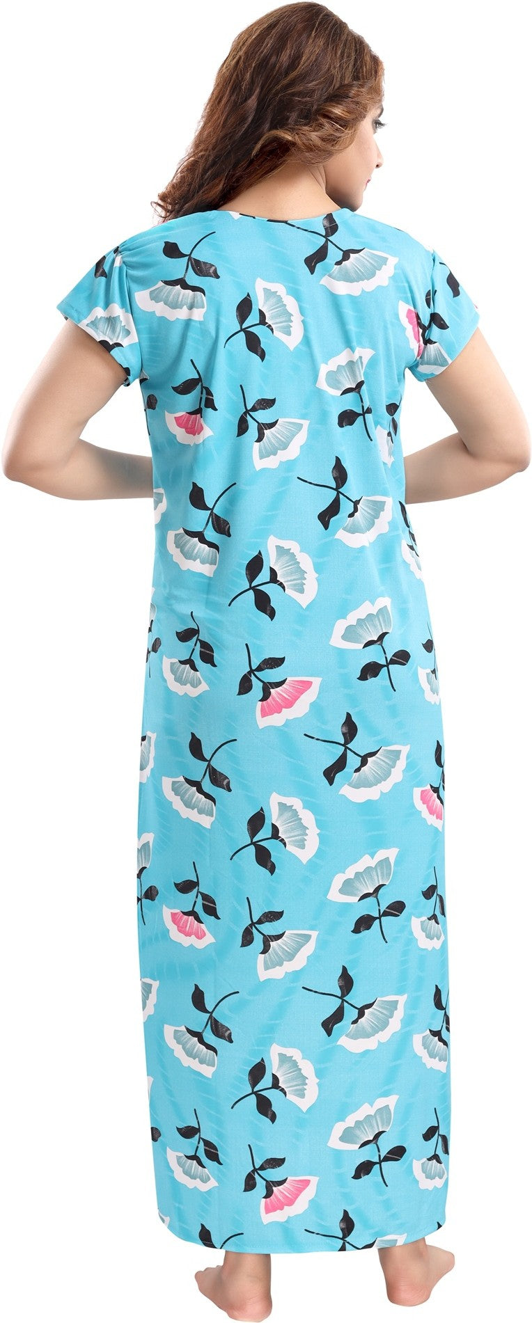 Fabme Women's Light Blue Printed Sarina Satin / Polyester Full Length EveryDay Night Dress Nighty