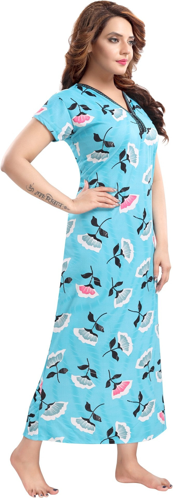 Fabme Women's Light Blue Printed Sarina Satin / Polyester Full Length EveryDay Night Dress Nighty
