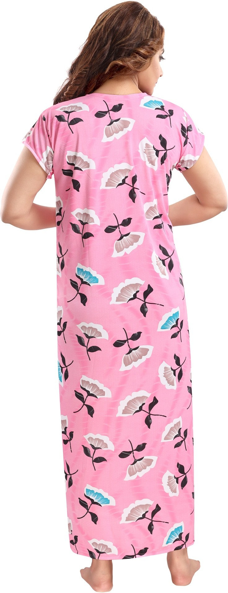Fabme Women's Pink Printed Sarina Satin / Polyester Full Length EveryDay Night Dress Nighty