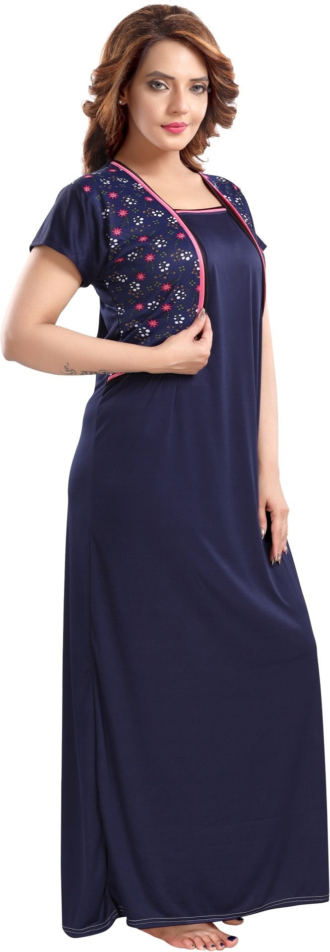 Fabme Women's Navy Blue Printed Sarina Satin / Polyester Full Length EveryDay Night Dress Nighty