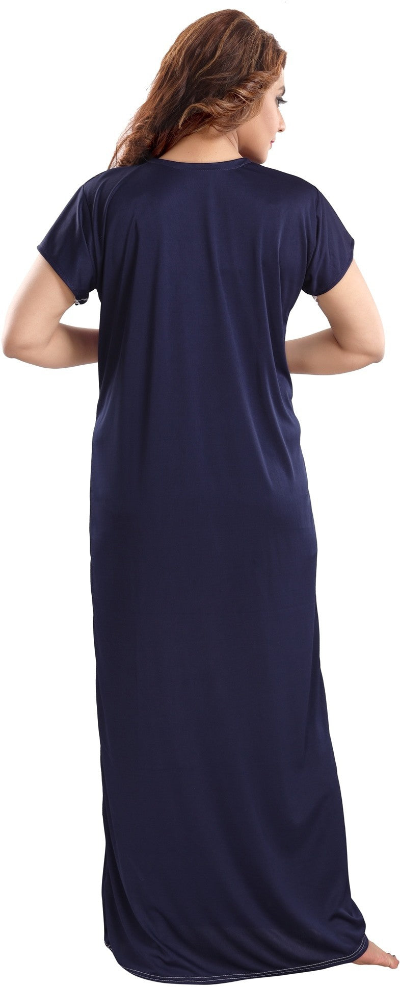 Fabme Women's Navy Blue Printed Sarina Satin / Polyester Full Length EveryDay Night Dress Nighty