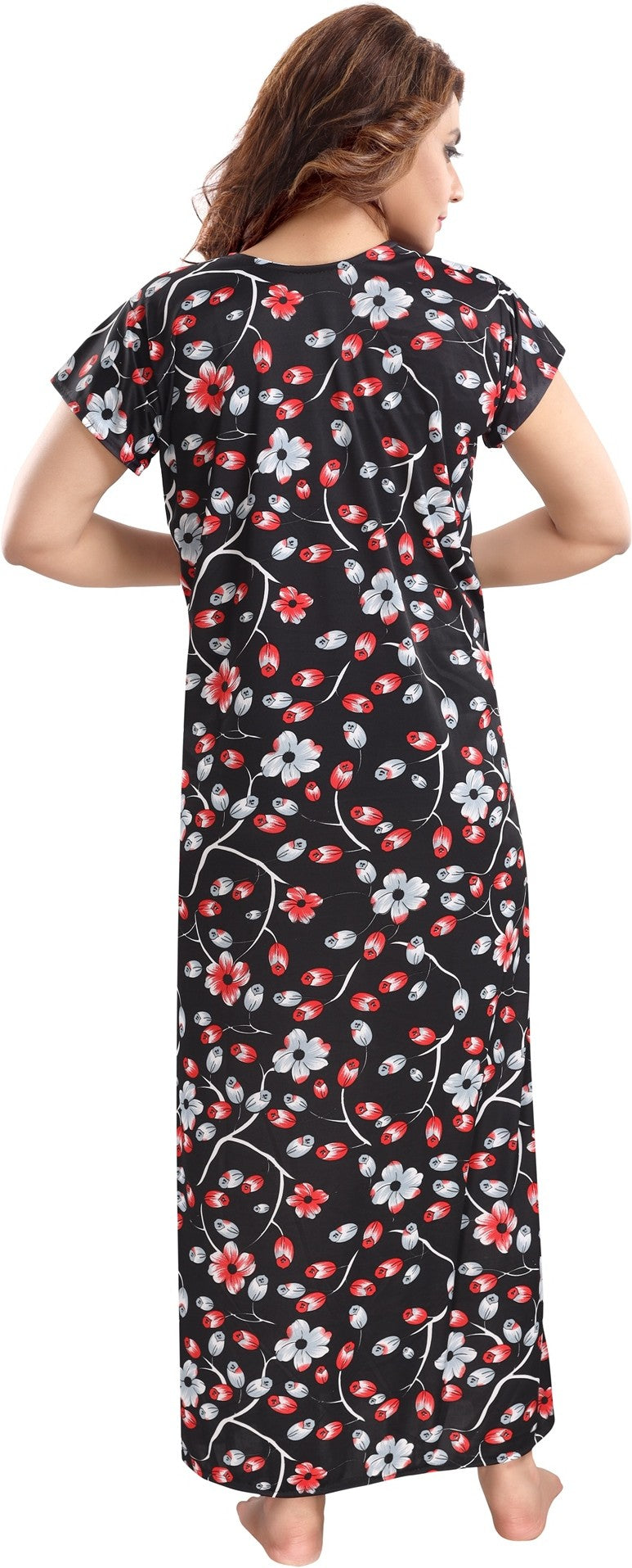 Fabme Women's Red Printed Sarina Satin / Polyester Full Length EveryDay Night Dress Nighty
