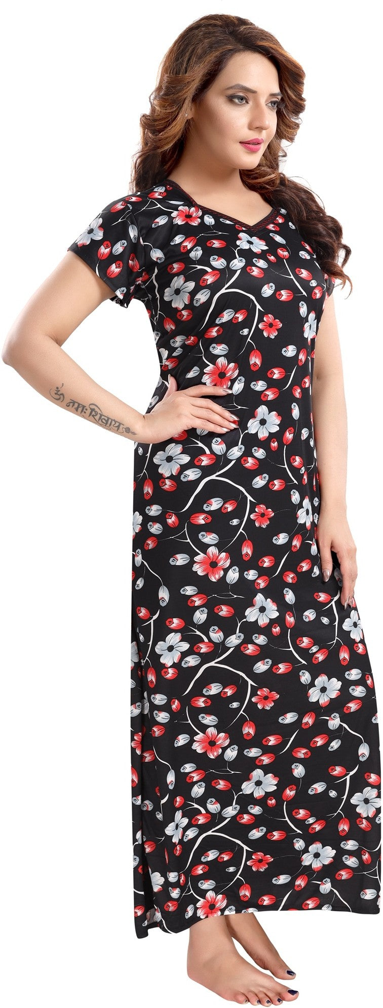 Fabme Women's Red Printed Sarina Satin / Polyester Full Length EveryDay Night Dress Nighty