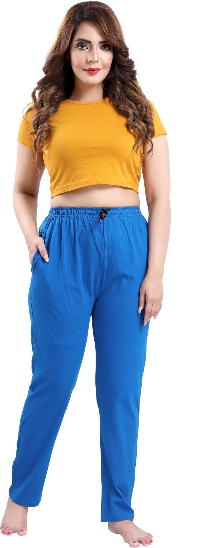Fabme Women's Blue Drawstring Hosiery Cotton EveryDay Pyjama Pant