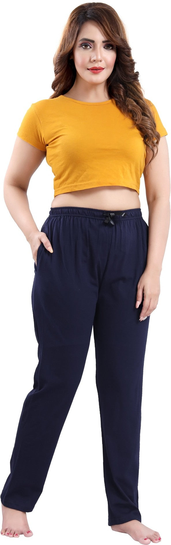 Fabme Women's Navy Blue Drawstring Hosiery Cotton EveryDay Pyjama Pant