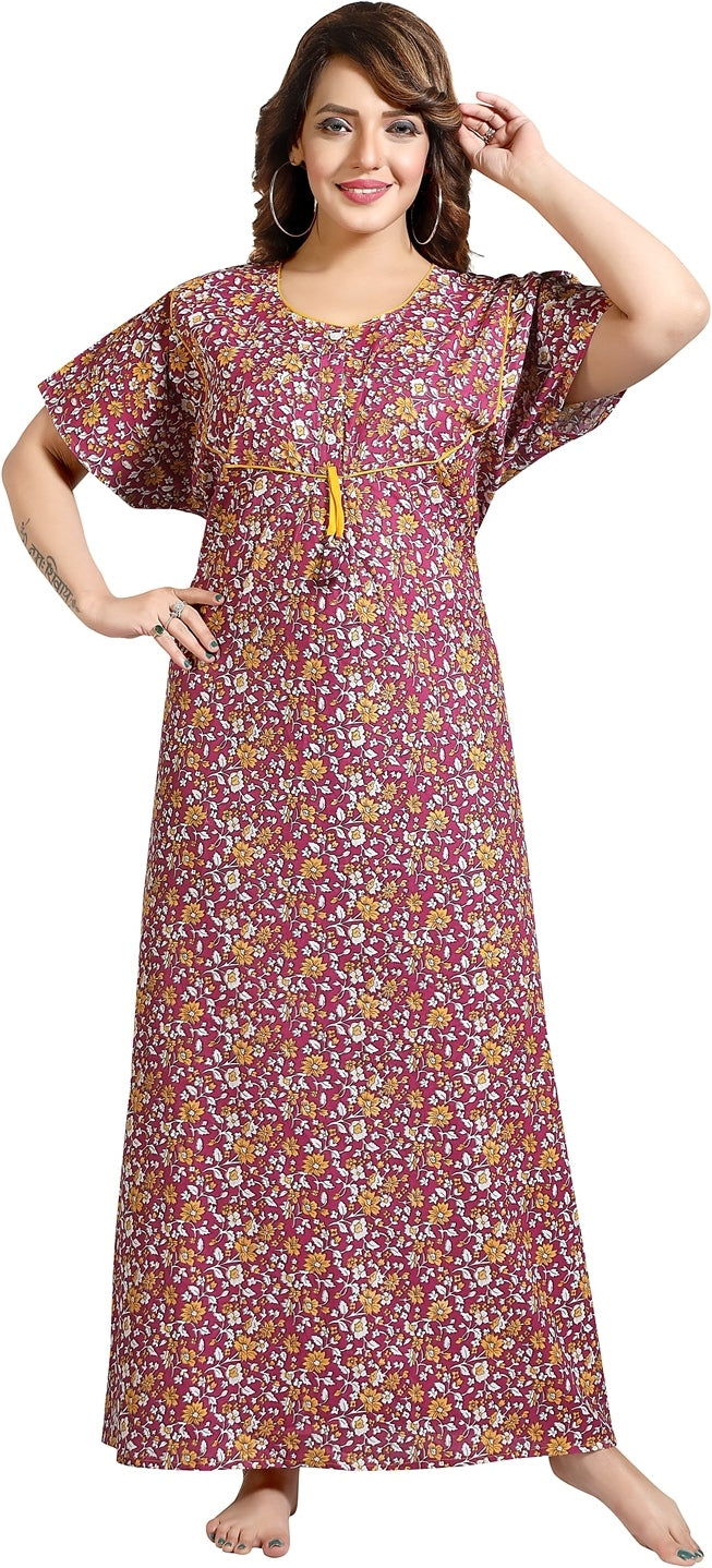 Fabme Women's Lavender Printed Cotton Full Length EveryDay Night Dress Nighty