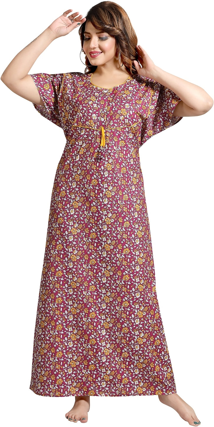 Fabme Women's Lavender Printed Cotton Full Length EveryDay Night Dress Nighty