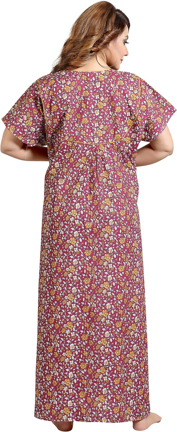 Fabme Women's Lavender Printed Cotton Full Length EveryDay Night Dress Nighty