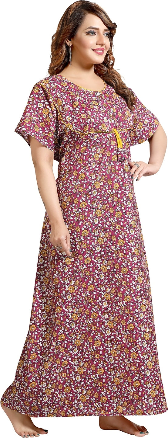 Fabme Women's Lavender Printed Cotton Full Length EveryDay Night Dress Nighty
