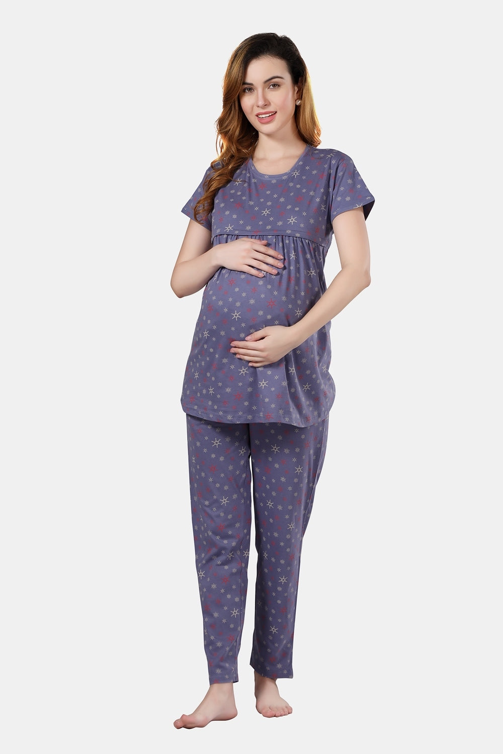 Fabme Women's Purple Horizontal Zip Pure Cotton Maternity Top and Pyjama Set