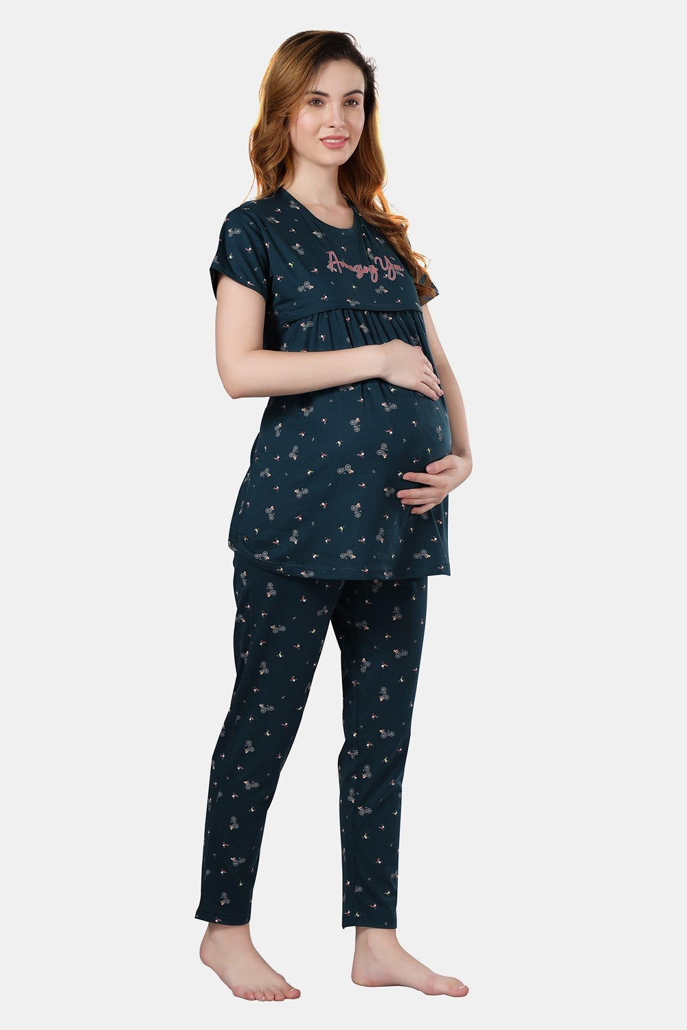 Fabme Women's Dark Green Horizontal Zip Pure Cotton Maternity Top and Pyjama Set