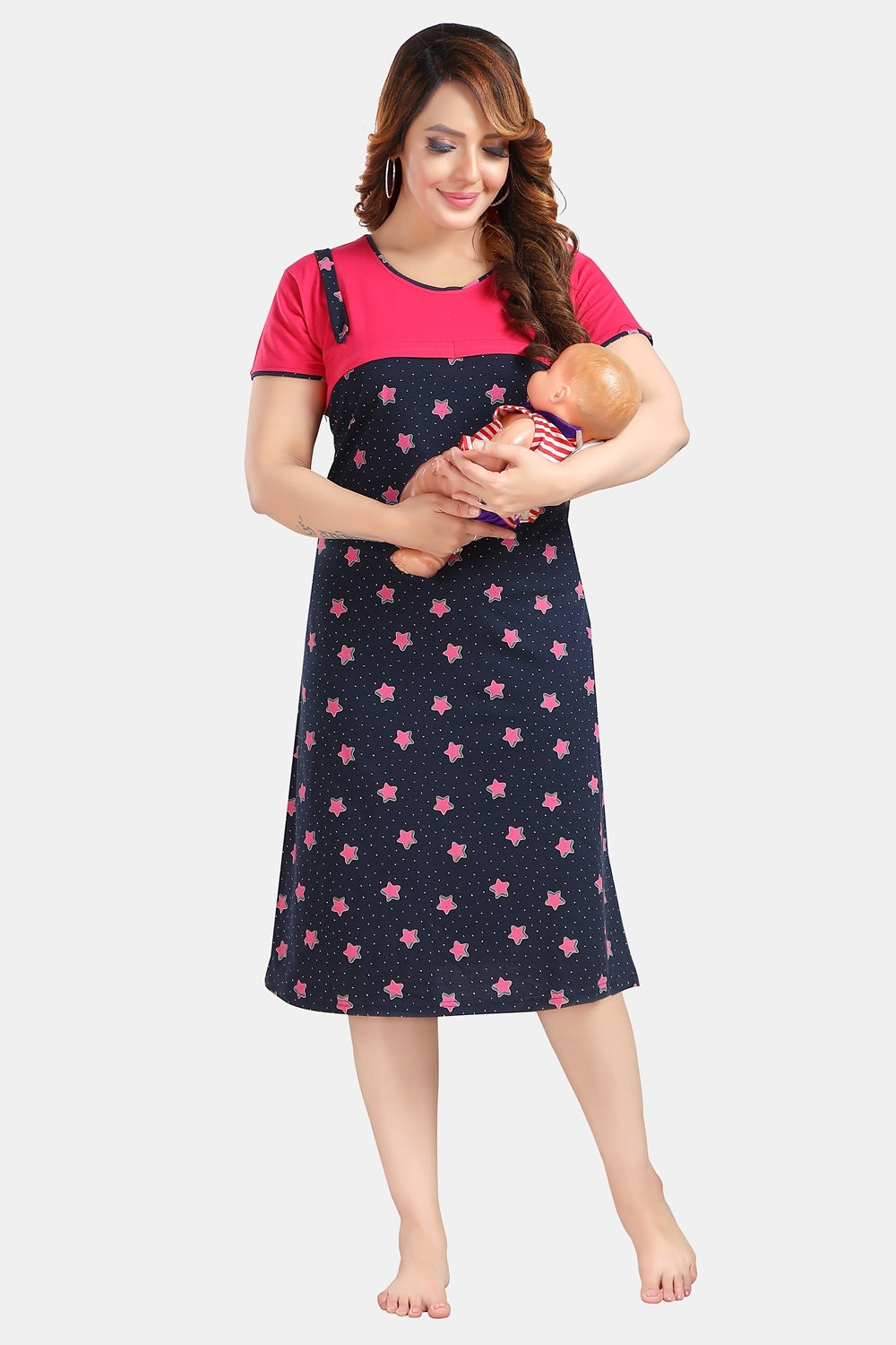 Fabme Women's Dark Pink Horizontal Zip Sinker Cotton Full Length Maternity Night Dress Nighty