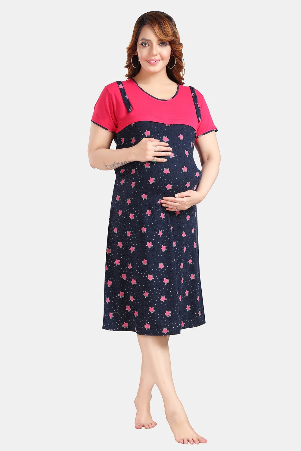 Fabme Women's Dark Pink Horizontal Zip Sinker Cotton Full Length Maternity Night Dress Nighty