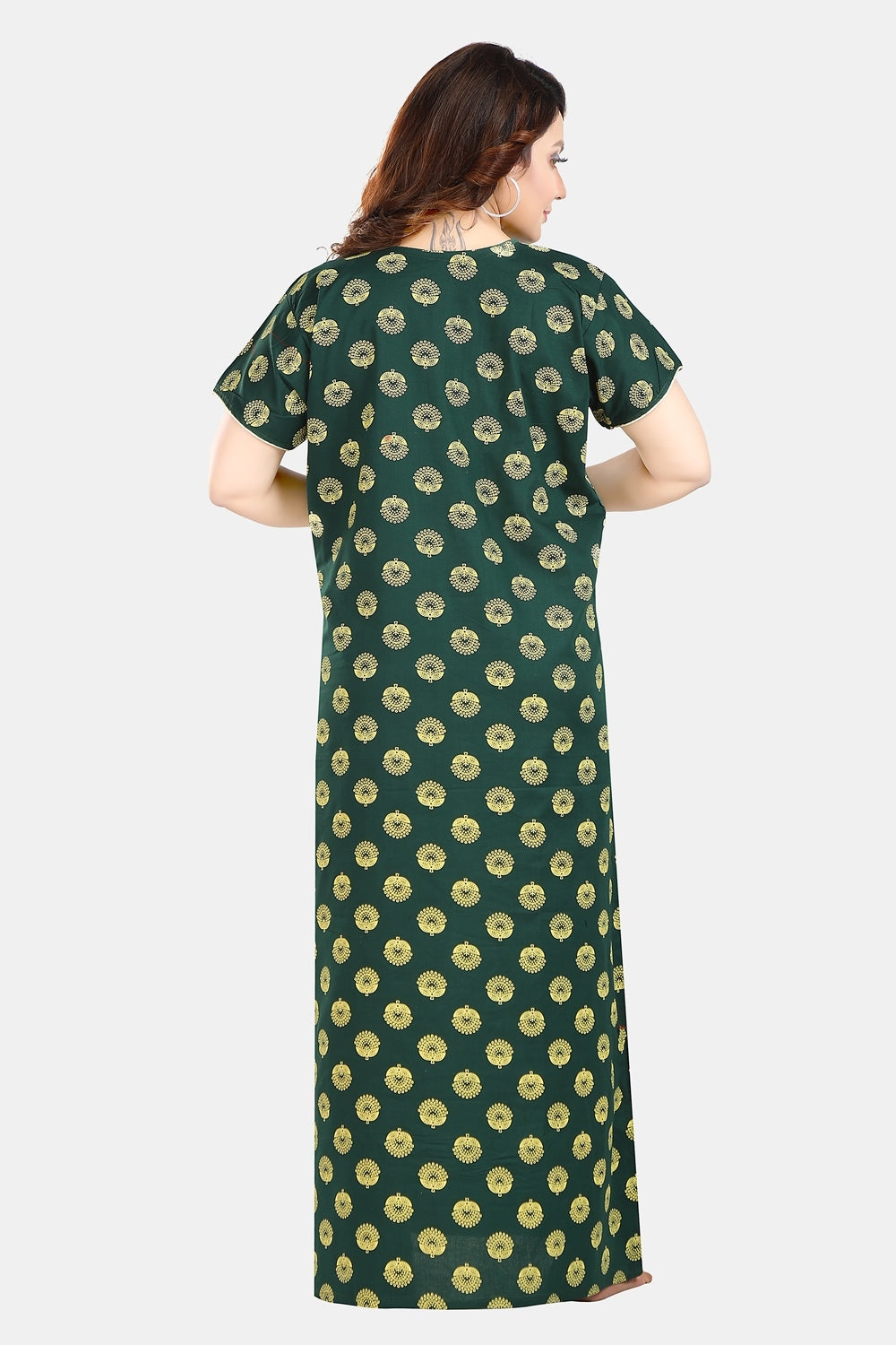 Fabme Women's Dark Green Mirror Work Cotton Full Length EveryDay Night Dress Nighty
