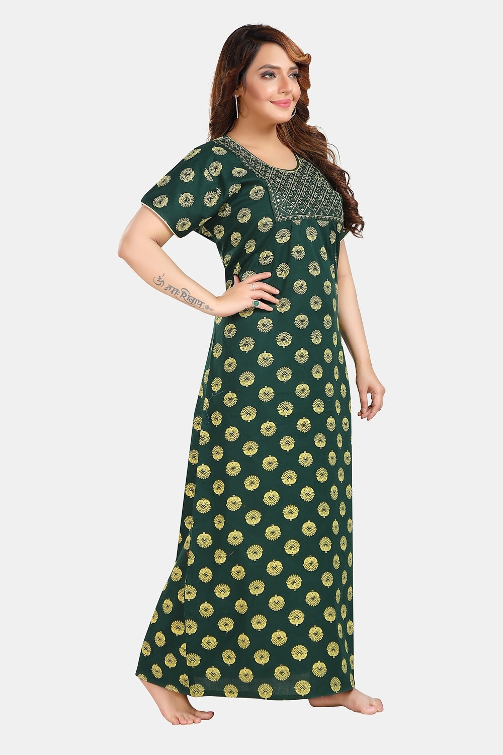 Fabme Women's Dark Green Mirror Work Cotton Full Length EveryDay Night Dress Nighty