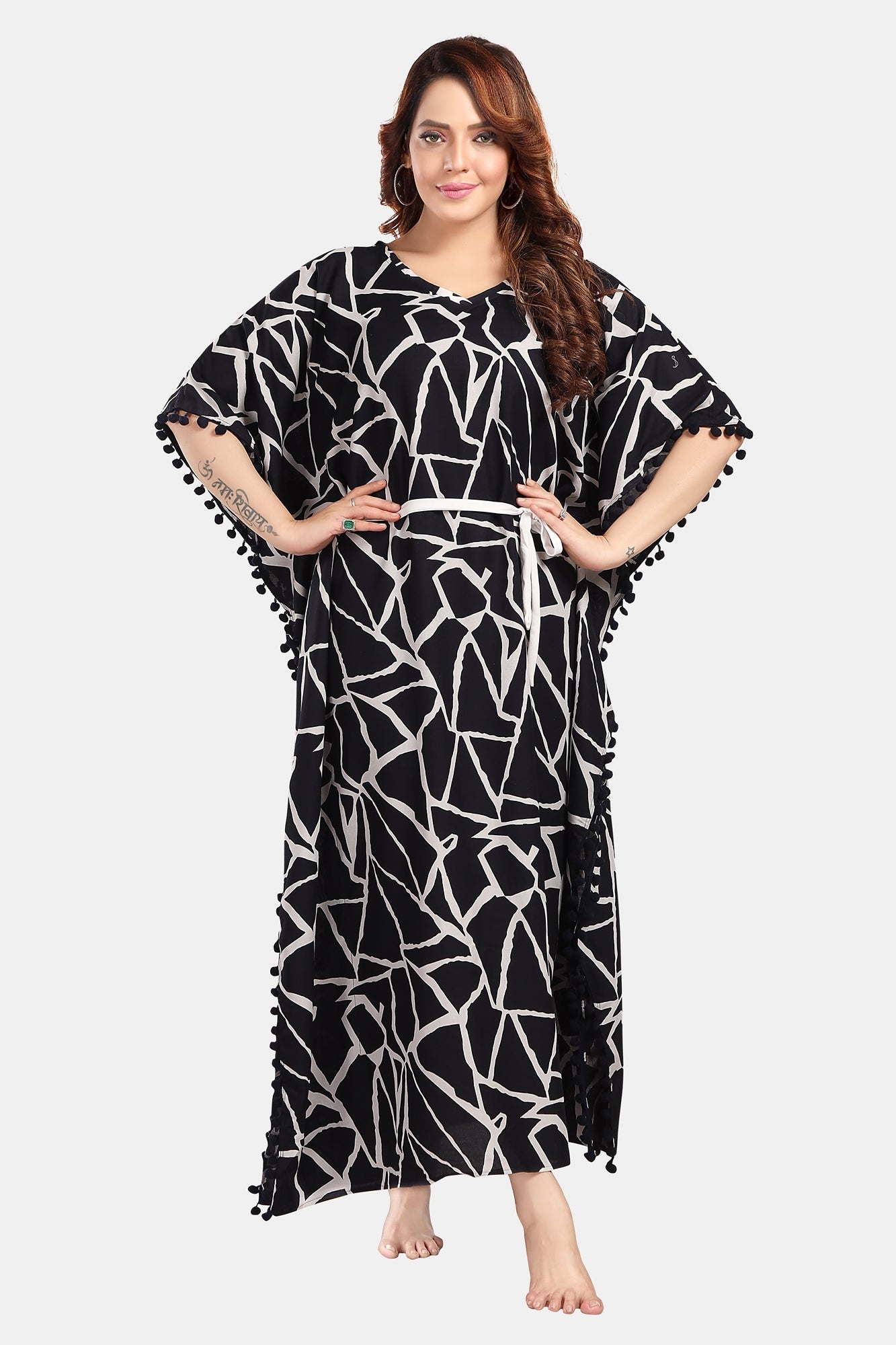 Fabme Women's Navy Blue Rich Kaftan, Tassel Border Rayon Full Length EveryDay Night Dress Nighty