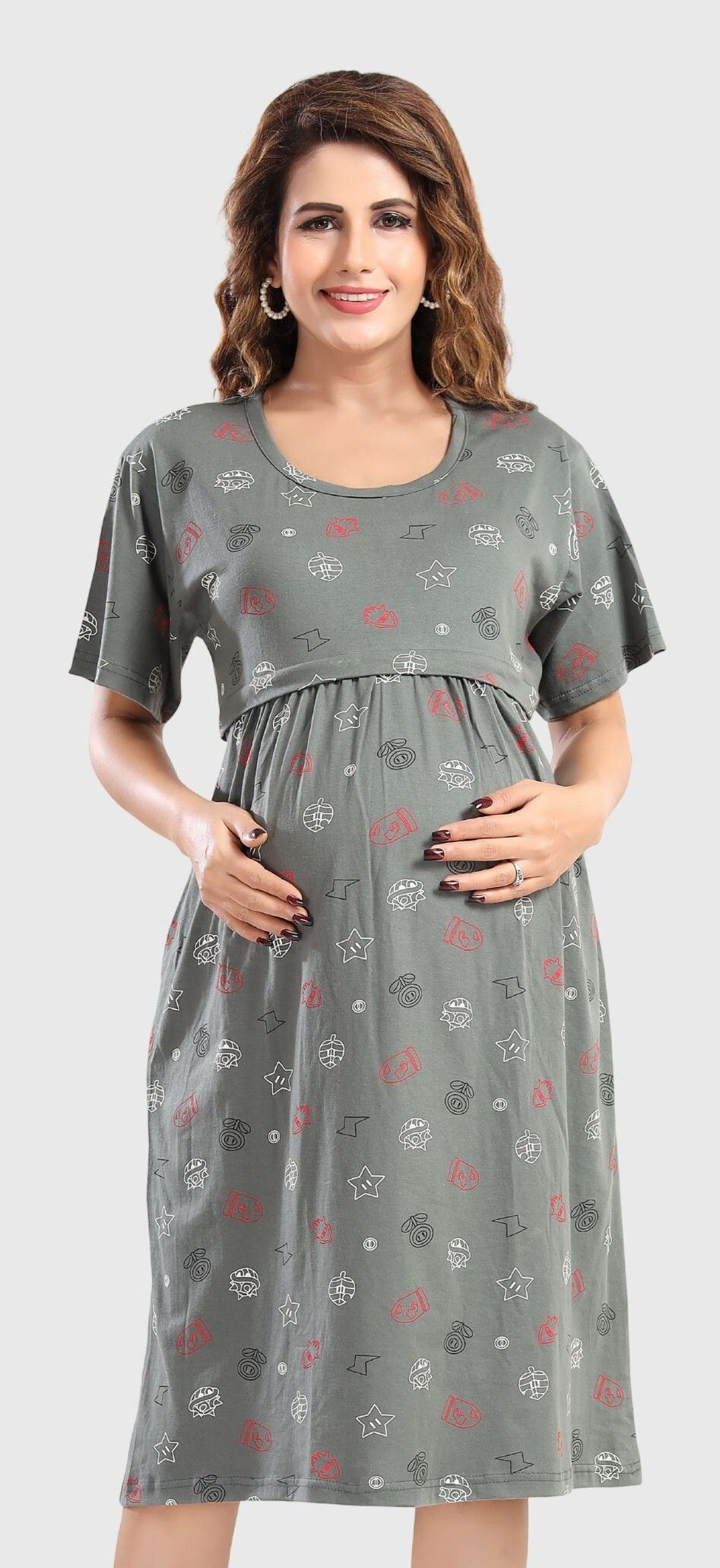 Fabme Women's Pre and Post Pregnancy Below Knee Length Nursing Nighty - Green