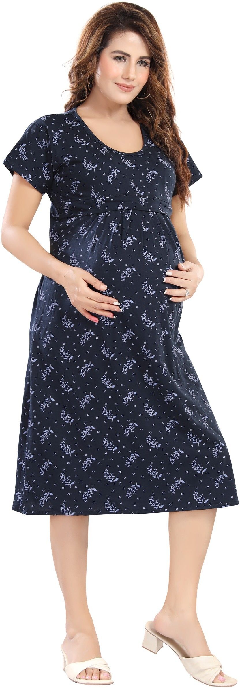 Fabme Women's Pre and Post Pregnancy Below Knee Length Nursing Nighty - Navy Blue