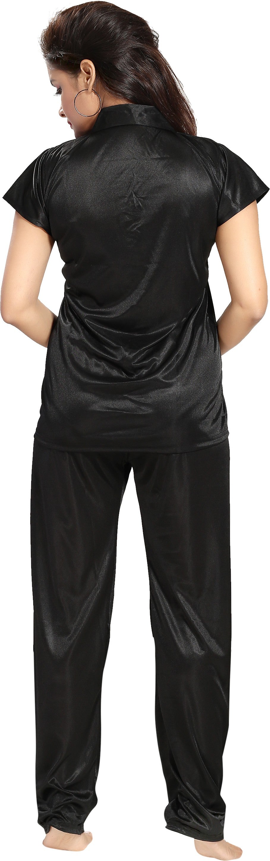 Fabme Women's Black Satin EveryDay Top and Pyjama Set