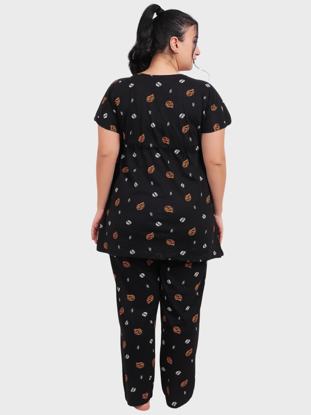 Fabme Women's Black Printed Sinker Cotton EveryDay Top and Pyjama Set