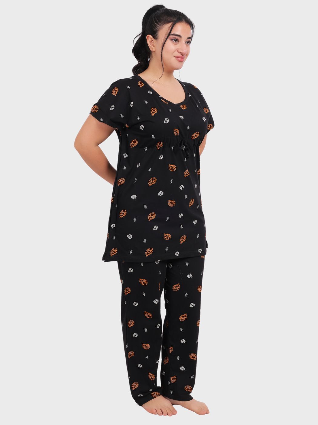Fabme Women's Black Printed Sinker Cotton EveryDay Top and Pyjama Set