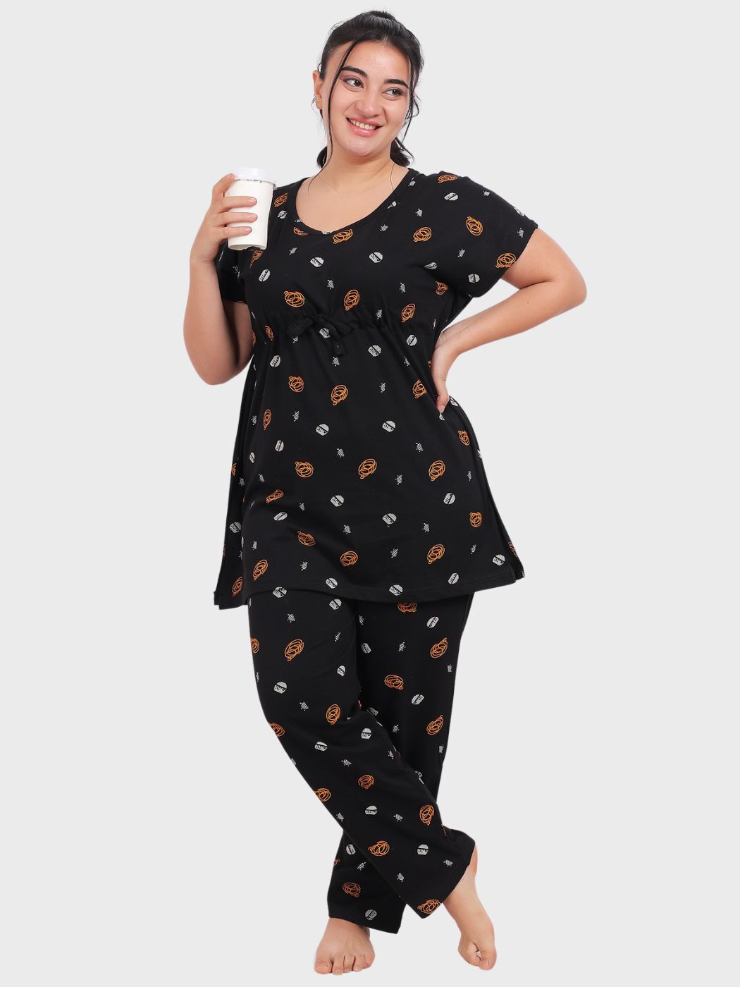 Fabme Women's Black Printed Sinker Cotton EveryDay Top and Pyjama Set