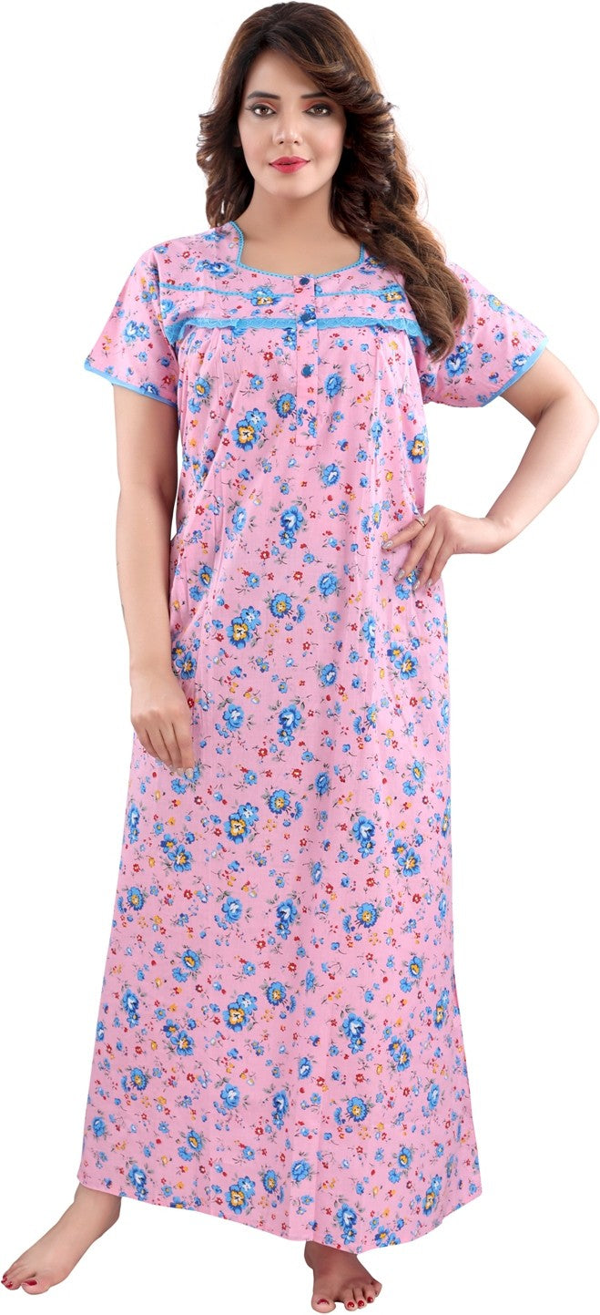 Fabme Women's Pink Horizontal Zip Cotton Full Length Maternity Night Dress Nighty