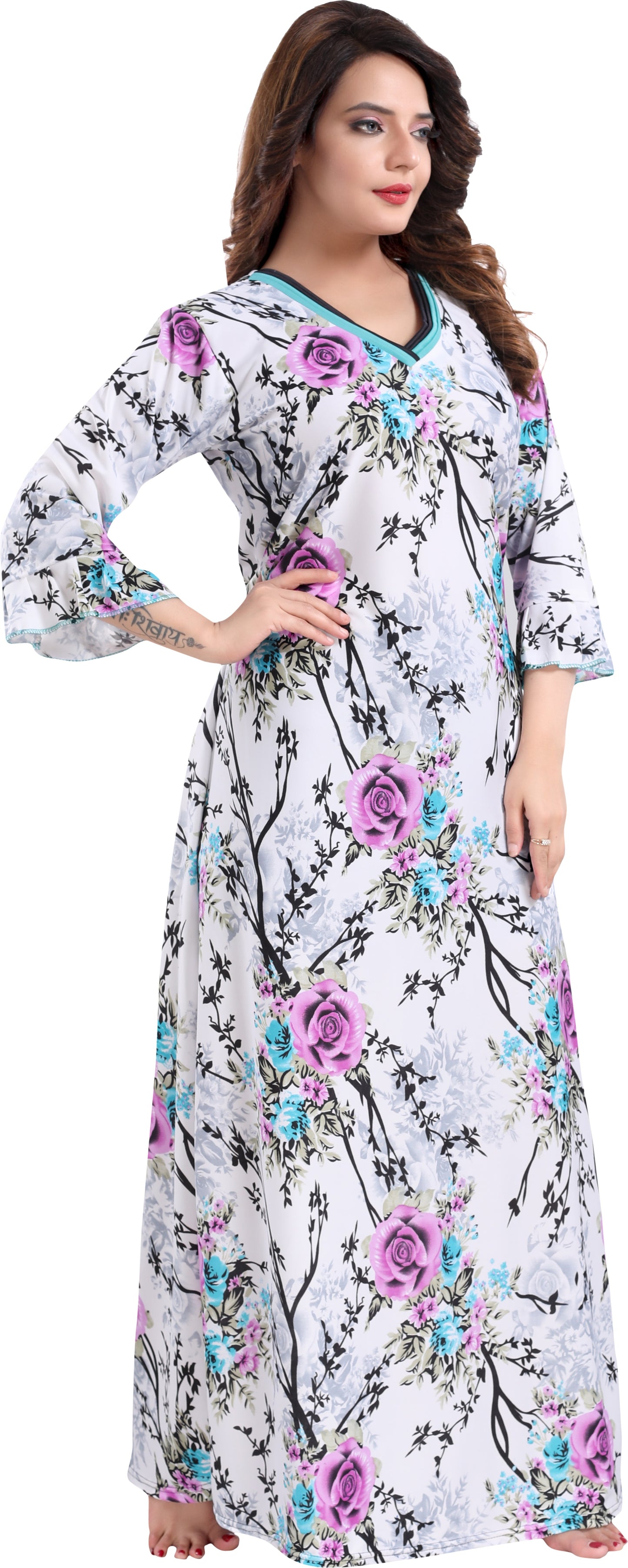 Fabme Women's Purple Printed Sarina Satin / Polyester Full Length EveryDay Night Dress Nighty