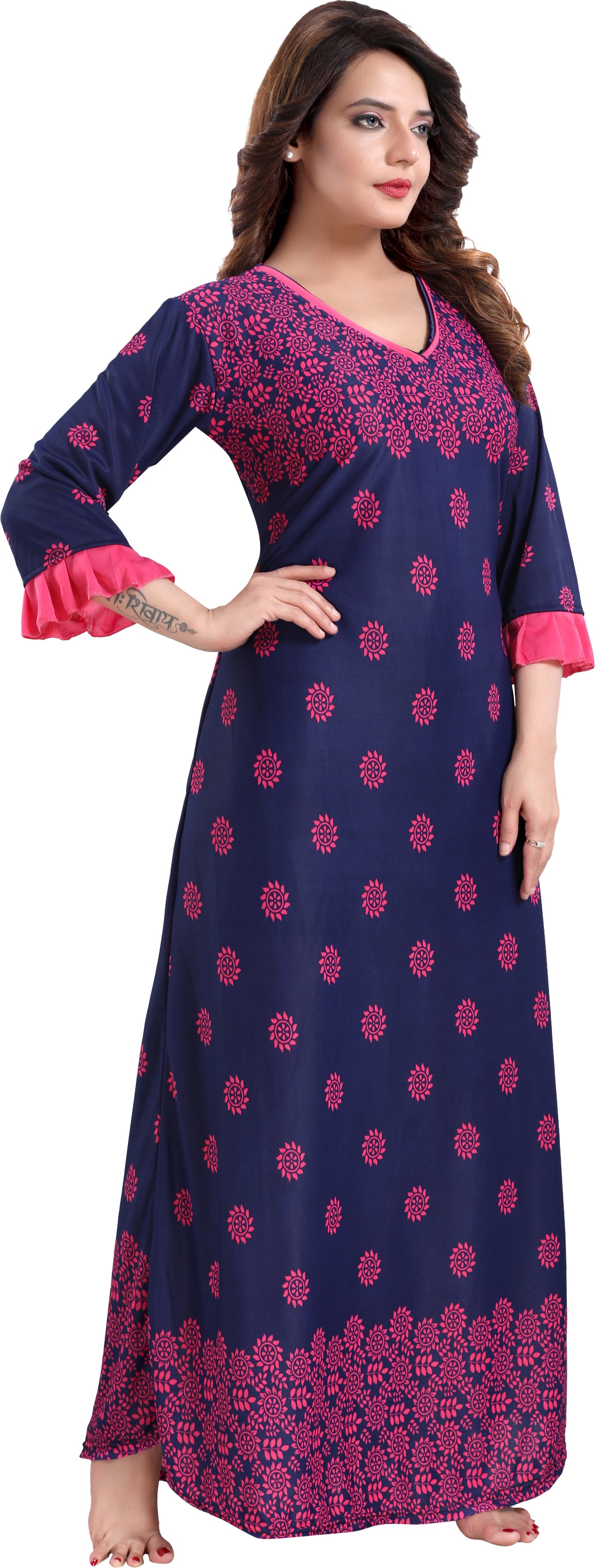 Fabme Women's Dark Pink Printed Sarina Satin / Polyester Full Length EveryDay Night Dress Nighty