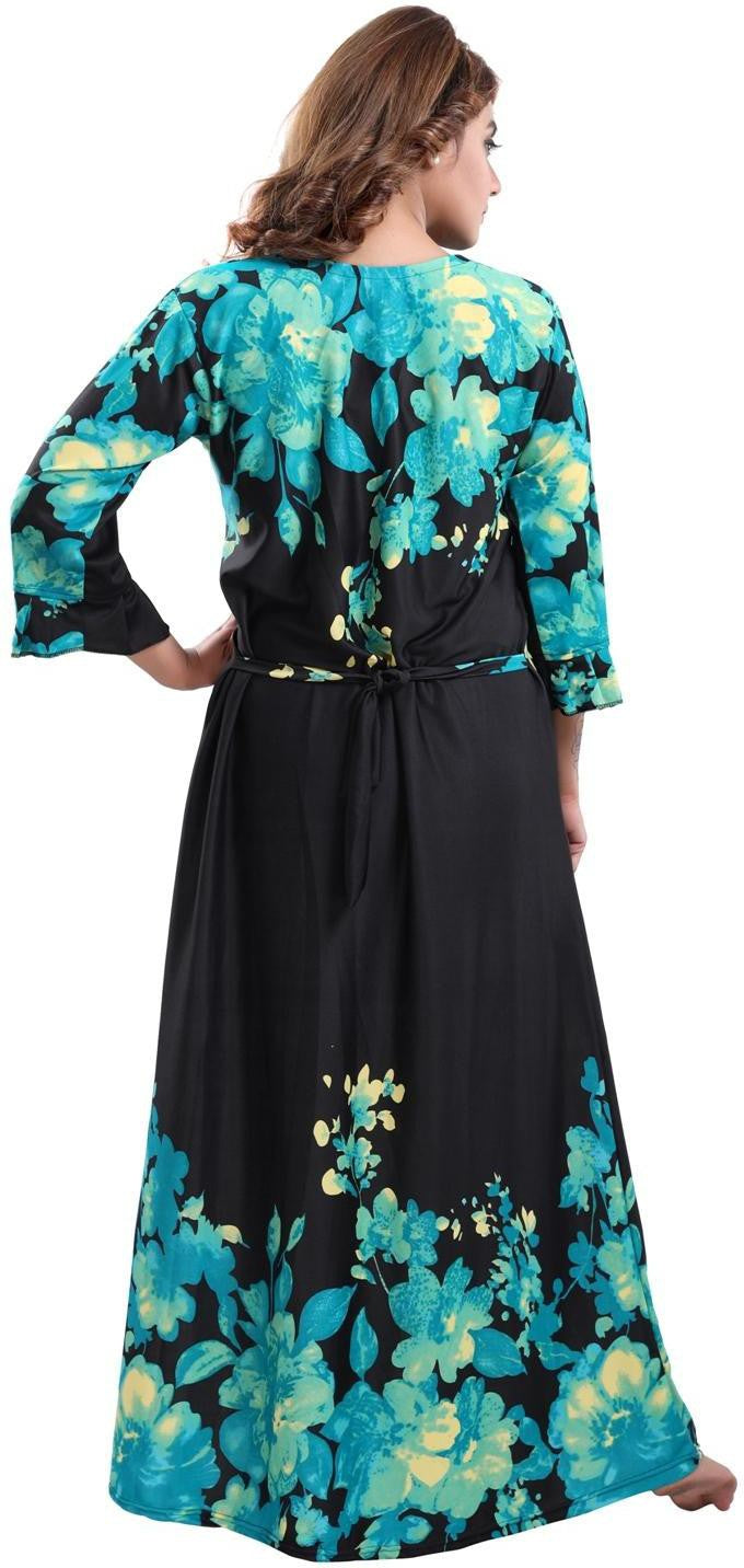 Fabme Women's Sea Green Printed Sarina Satin / Polyester Full Length EveryDay Night Dress Nighty