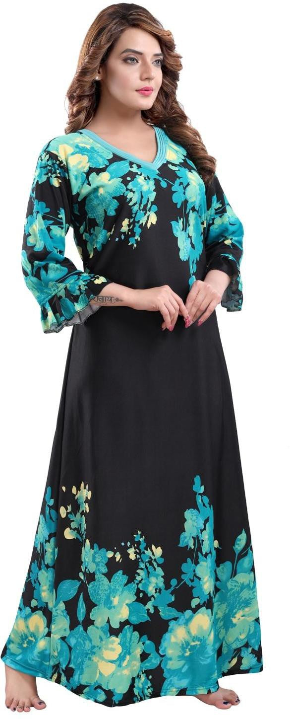 Fabme Women's Sea Green Printed Sarina Satin / Polyester Full Length EveryDay Night Dress Nighty