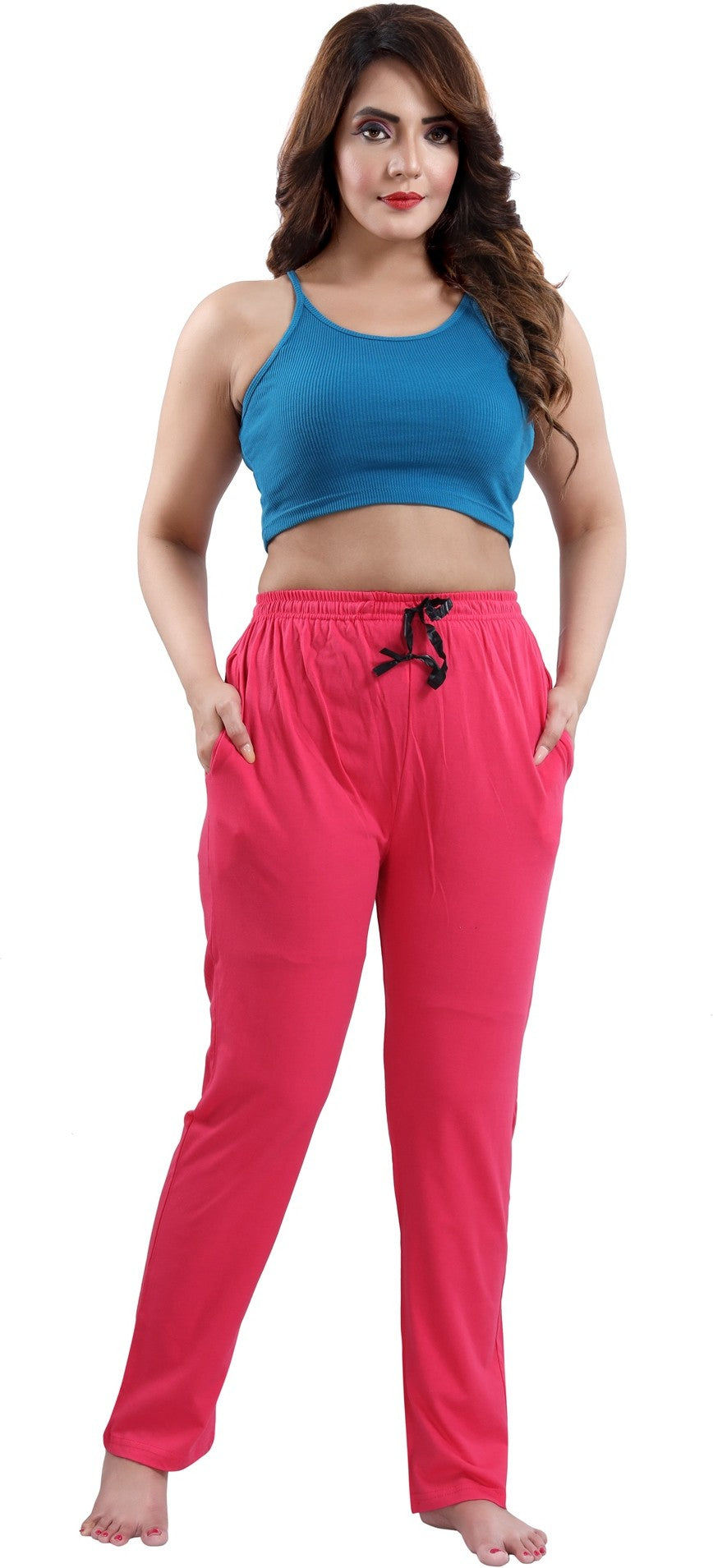 Fabme Women's Dark Pink Drawstring Hosiery Cotton EveryDay Pyjama Pant