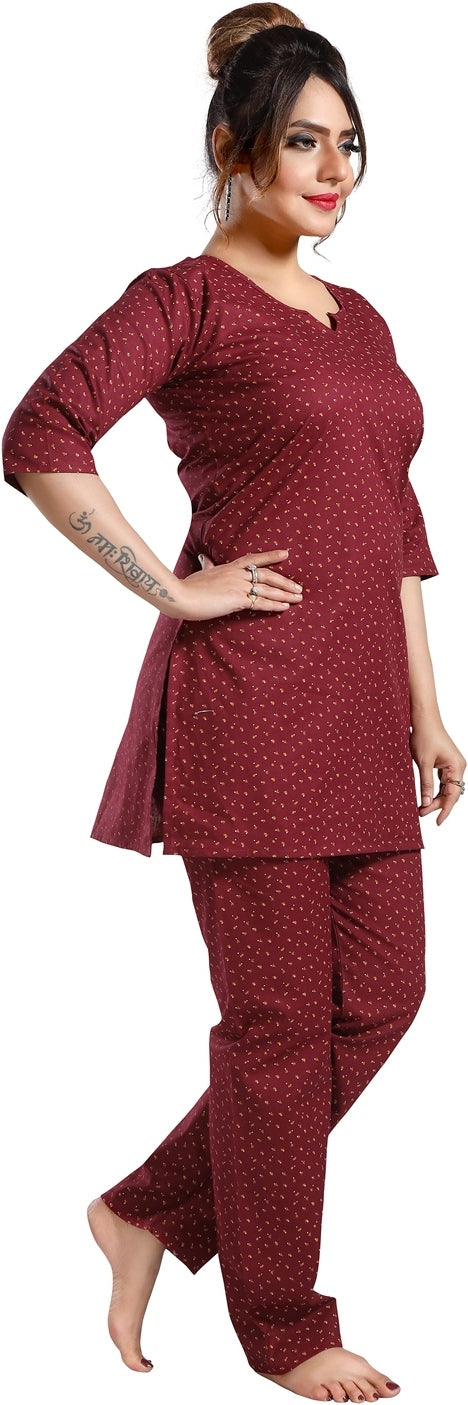 Fabme Women's Maroon Printed Cotton EveryDay Co-Ord Set